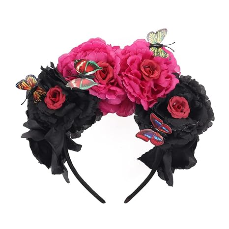 Bubbmi Mexican Flower Crown Headband with Butterfly, Day of the Dead Headpiece, Halloween Festival Headwear, Dia De Los Muertos Costume Hairhoop(Mexican A) - skull headband