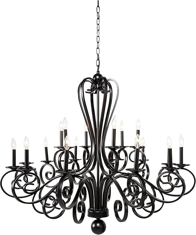 Ebros Gift Large Modern Chic Black Metal Iron Ceiling Light Ornate Chandelier Pendant Lamp with 18 French Scrollwork Arms for Candelabra Bulbs 48″ Wide