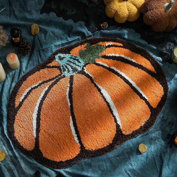 YRXRUS Halloween Pumpkin Bathroom Rugs, Pumpkin Shaped Bath Mat, Machine Washable Orange Rug, Living Bedroom Kids Room for Halloween Decoration, Kitchen Area Rugs 18 x 24 inch - skull carpet