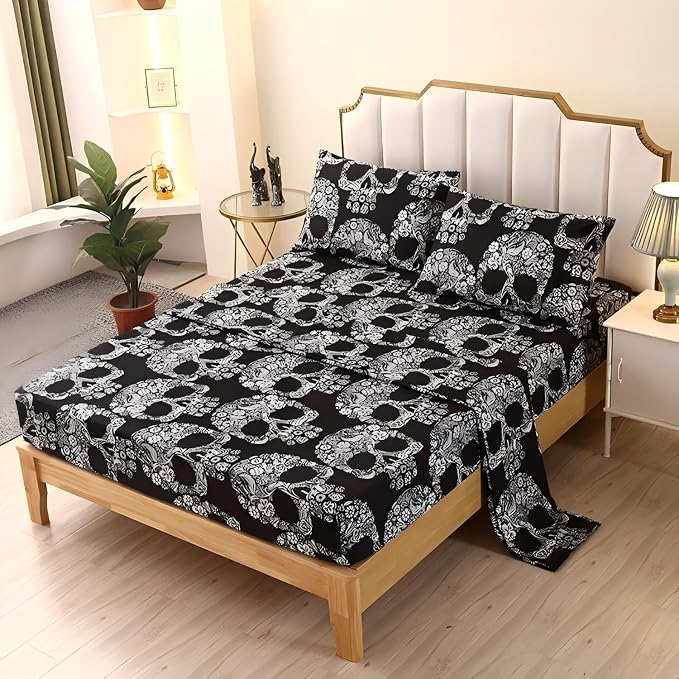 SDIII 4PCS Sugar Skull Sheets Set Full, Soft Microfiber Gothic Bedding Skeleton Sheet Set, Goth Skull Bedding Sheets Full Deep Pocket Hotel Luxury