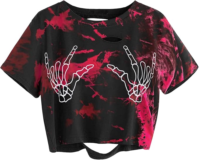 Avanova Women Skull Finger Graphic Distressed Tee Shirt Ripped Short Sleeve Crop Tops - sugar skull dress