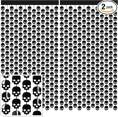 Whaline 2 Pack Halloween Black Skull Head Foil Curtains 3.3x6.6Ft Gothic Party Fringe Curtains Black Scary Skull Backdrop Tinsel Streamers Halloween Photo Booth Props for Wall Door Horror Party Decor - skull sticker