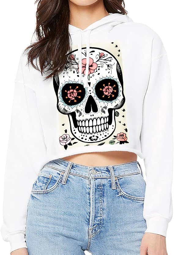 Sugar Skull Women's Cropped Hoodie - Beautiful Cropped Hoodie - Art Print Hooded Sweatshirt - skull hoodie