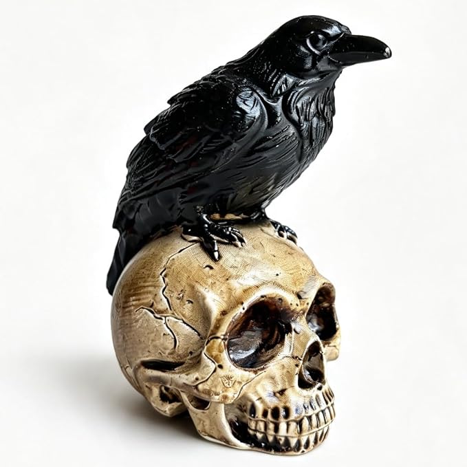 Halloween Raven Decoration Black Crow On Skull Statue - skull figurine