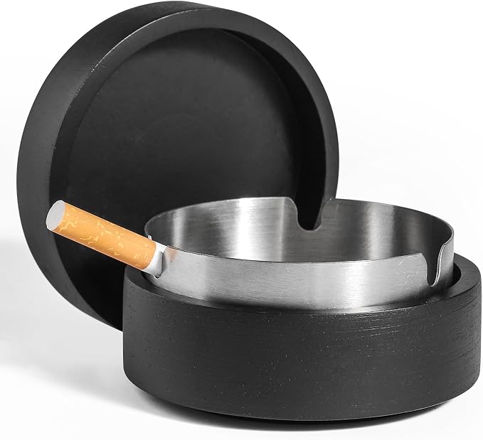 Cute Ashtrays for Cigarettes Ash Tray with Lid DDAJJAJ Wooden Ashtray with Stainless Steel Portable Decorative Ashtray Windproof Ashtray for Home,Patio,Office,Outdoors,Indoor,Parties (Black) - skull ashtray