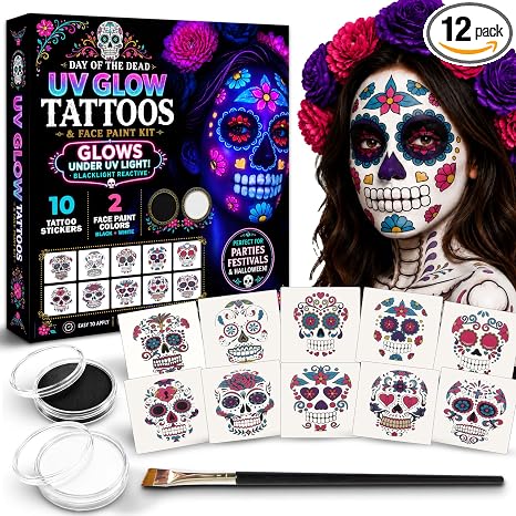 Water-Resistant Day of the Dead Mask Halloween Face Paint Temporary Tattoo