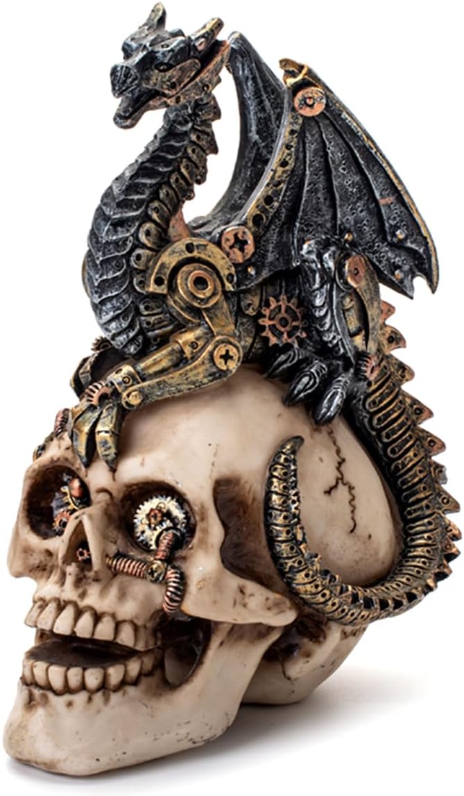 Halloween Steampunk Dragon on Skull Statue, Gothic Mechanical Decor - skull figurine