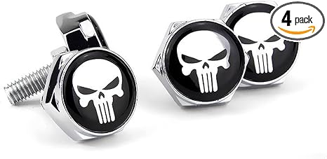 4 PCS License Plate Screw Fasteners, Skull License Plate Screws, License Plate Bolts Decorative Kit, Fit Vehicles Motorcycle Trucks SUV (Silver & White) - skull plate