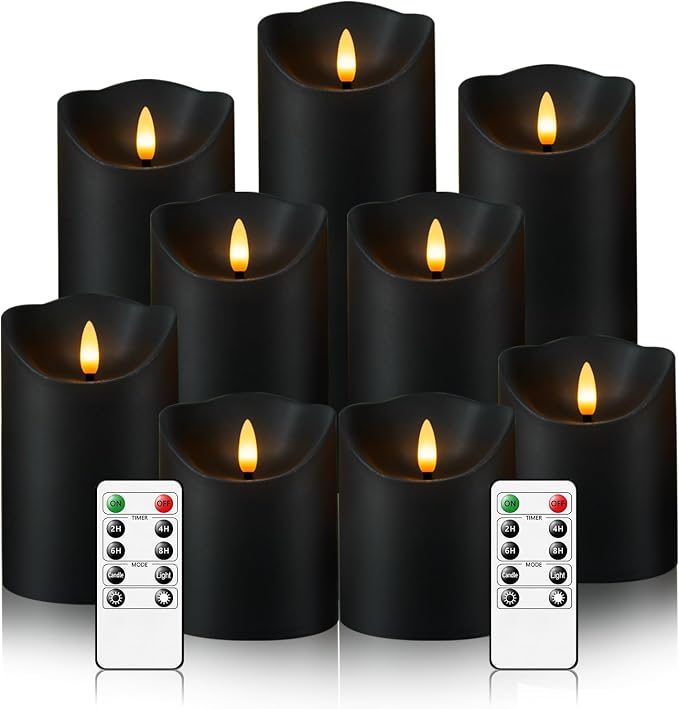 Flameless Candles with Remote, Battery Operated Flickering Flameless Candles, LED Candles with Timer 2/4/6/8H, with Realistic LED Candles Set of 9 (D3 x H 3" 4" 5" 6" 7") (Black) - skull lamp