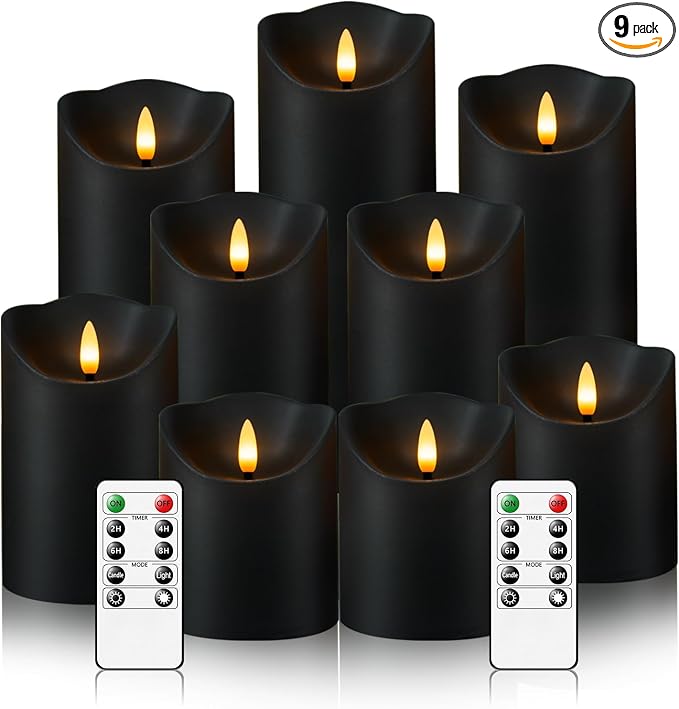 Nimiko Flameless Candles with Remote, Battery Operated Flickering Flameless Candles, LED Candles with Timer 2/4/6/8H, with Realistic LED Candles Set of 9 (D3 x H 3" 4" 5" 6" 7") (Black) - skull candle