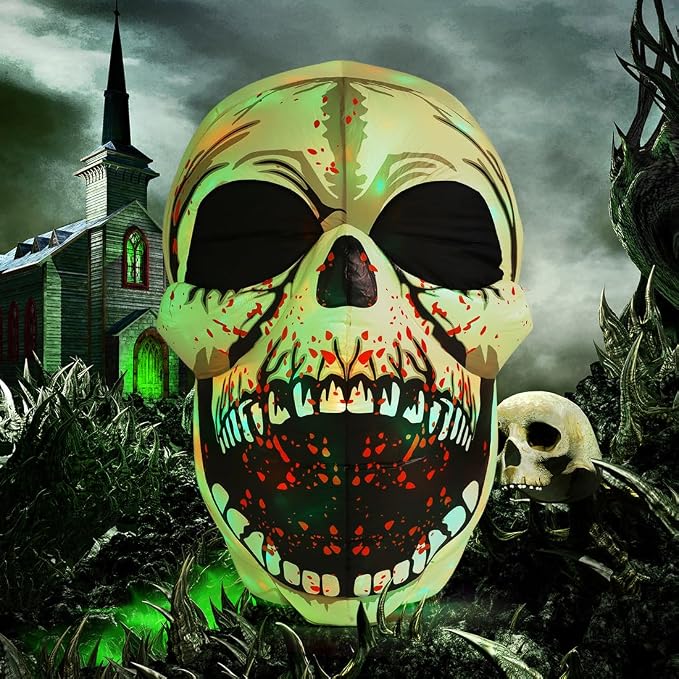 GOOSH 4 FT Halloween Inflatables Skull Outdoor Decorations Blow Up Yard Scary Colorful Dimming Skull with Built-in Magic LEDs for Garden Lawn Indoor Party Decor - skull inflatable