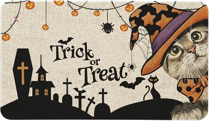 Roszwtit Halloween Spooky Cat Welcome Door Mat for Home Decor 30×17 Inch