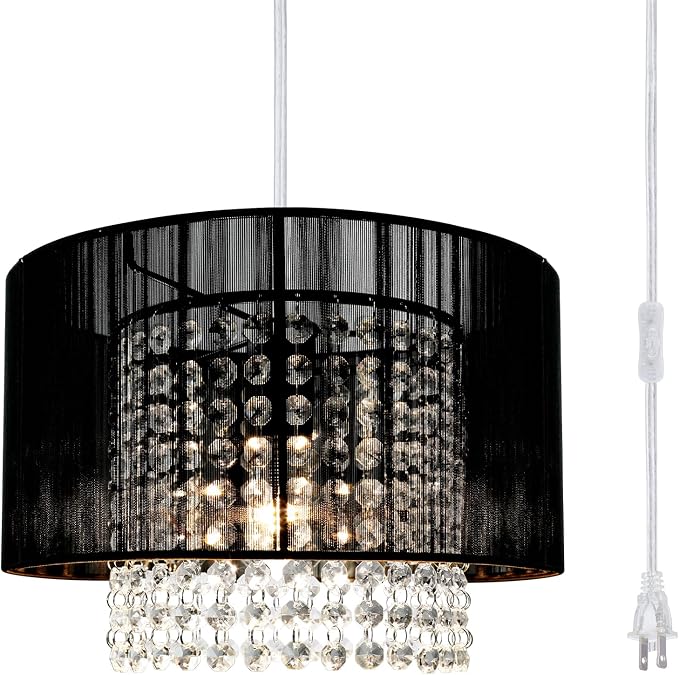 TISLYCO Plug in Chandelier, Crystal Chandelier Lighting with Long Cord 15ft and On/Off Switch, Hanging Pendant Light Plug in, Hanging Lamps that Plug into Wall Outlet for Bedroom Living Room