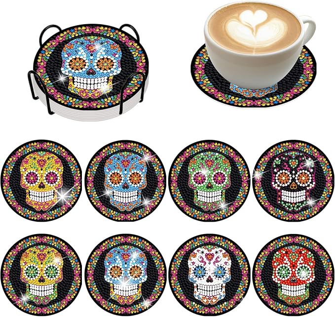8Pcs Halloween Skull Diamond Coaster with Holder DIY Day of The Dead Art Painting Coaster for Beginners - skull painting