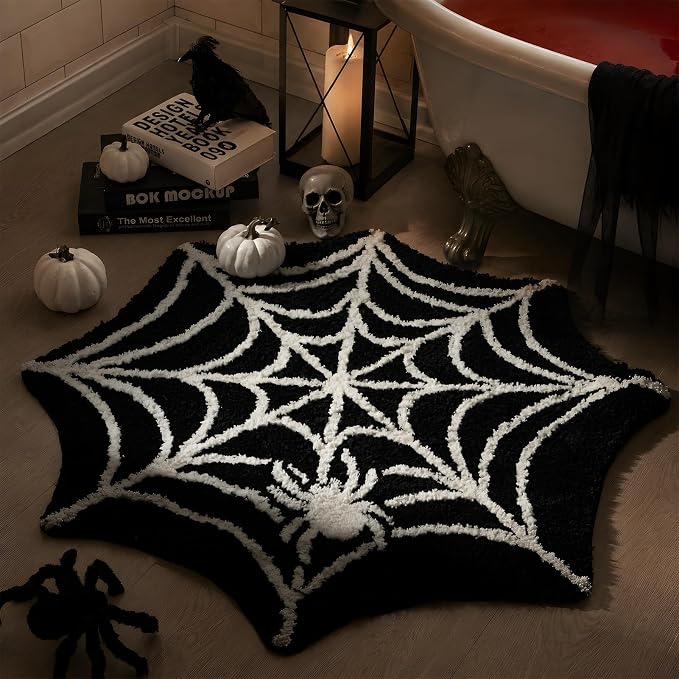 Ashler Halloween Bathroom Rug, 35.5×35.5 inches,Spiderweb Bath Mat for Halloween Decor - skull carpet