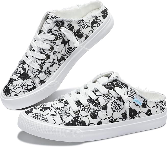 Obtaom Women Canvas Mules Memory Foam Clipper Fashion Sneakers Comfortable Slip-On Mule Backless Holiday Shoes - sugar skull boots