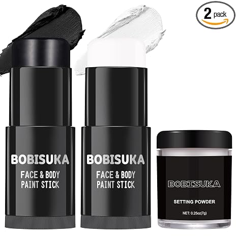 BOBISUKA Black White Face Paint Stick with Setting Powder Set, Eye Black Sticks for Sports, Body Paints for Clown Skeleton Vampire Skull Cosplay Special Effects Costume SFX Halloween Makeup Kit - skull painting