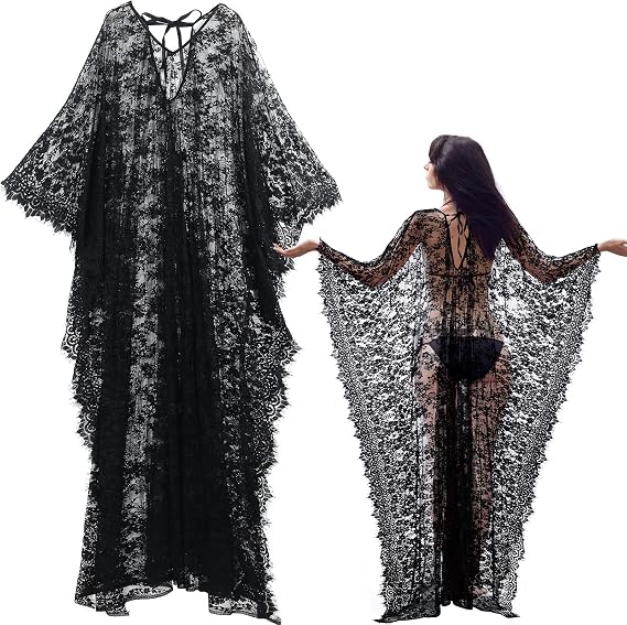 Mepase Halloween Boho Witch Lace Kimono Kaftan Sheer Dress Robe - sugar skull dress