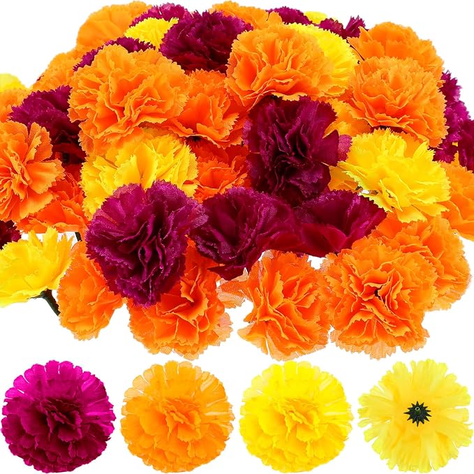 WILLBOND 140 Pcs Marigold Flowers Head Decor,2 Inch,Fuchsia, Orange, Yellow - skull wreath