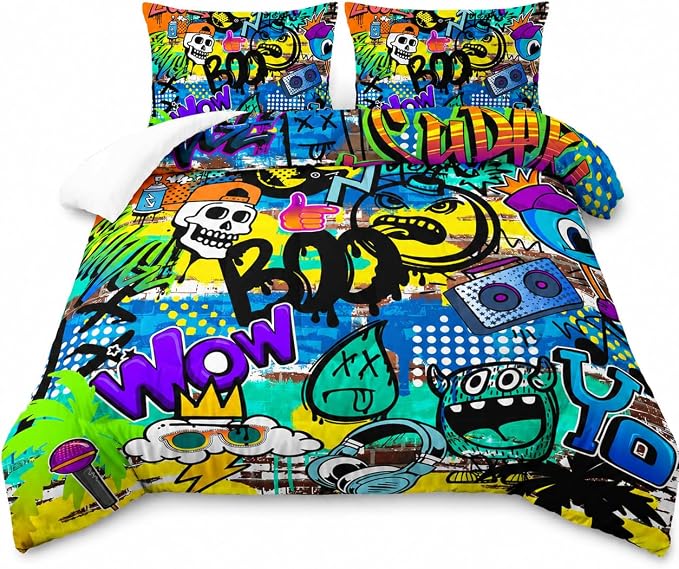 AILONEN Cartoon Skull Bedding Set Twin Size, Graffiti Theme Spray Paint Ink Textured Silhouette Comforter Set,Hip-Hop Style Soft Breathable Duvet Set for Boys Girls 3Pcs, 1 Quilt and 2 Pillowcases - skull bedding