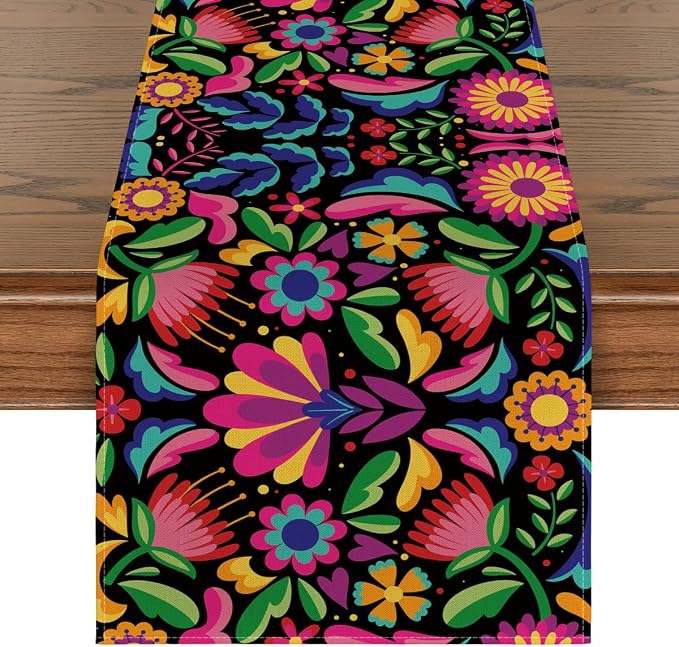 Artoid Mode Floral Dia De Los Muertos Serape Fiesta Mexican Table Runner, Mexico Day of the Dead Kitchen Dining Table Decoration for Home Party Decor 13x72 Inch - skull carpet