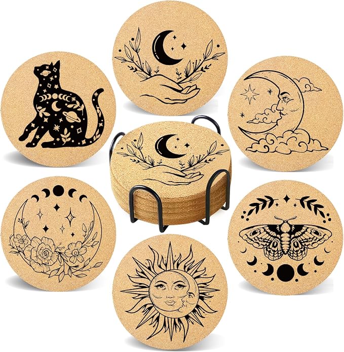 Coasters for Drinks with Holder Set of 6, Vintage Sun Moon Absorbent Cork Wood Coaster for Cup Desk Office Table Decor House Warming Gifts, Round 4" - skull coaster