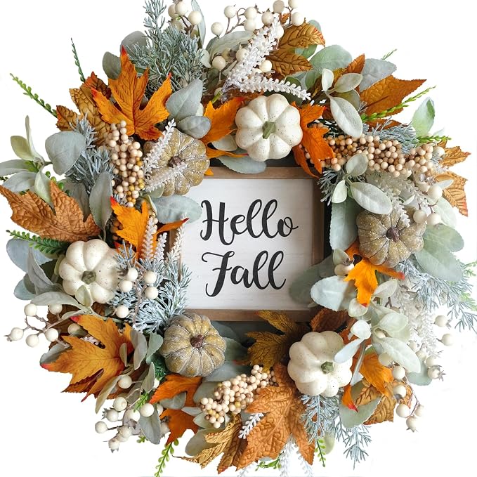 20" Harvest Fall Wreath for Front Door,Pumpkins Berries Autumn Wreaths - skull wreath