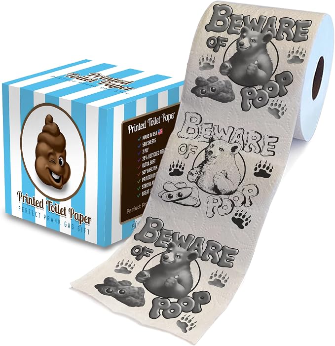 Printed TP Beware of Bear Poop Printed Toilet Paper Gag Gift – Funny Toilet Paper Roll For Prank, Surprise, Bathroom Decor, Novelty Gift For Men, Women, Friends, Birthday Party – 500 Sheets - skull toilet paper
