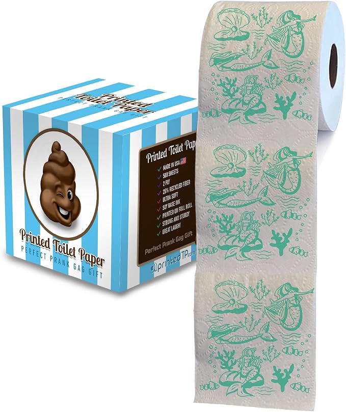 Printed TP Mermaid Pattern 2 Ply Toilet Paper Bathroom Tissue - Novelty Green Bath Tissue Roll - Funny Toilet Paper for Home Decor, Potty Gag Gifts, Prank and Hilarious White Elephant - 500 Sheets - skull toilet paper