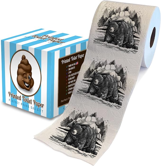 Printed TP Black Bear Scene Printed Toilet Paper Gag Gift – Funny Toilet Paper Roll For Prank, Surprise, Bathroom Decor, Novelty Gift For Men, Women, Friends, Family, Birthday Party – 500 Sheets - skull toilet paper