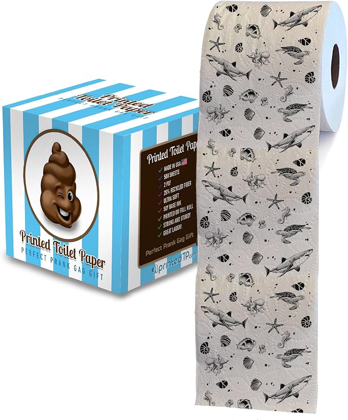 Printed TP Ocean Life 2 Ply Toilet Paper Bathroom Tissue - Novelty Beach Pattern Bath Tissue Roll - Funny Toilet Paper for Home Decor, Potty Gag Gifts, Prank and Hilarious White Elephant - 500 Sheets - skull toilet paper
