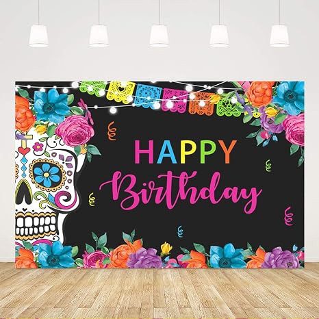 Ticuenicoa 5x3ft Day of The Dead Happy Birthday Backdrop for Mexican Fiesta Sugar Skull Flowers Photography Background Dia DE Los Muertos Party Decorations Supplies Fiesta Banner Photo Booth Studio - skull sticker