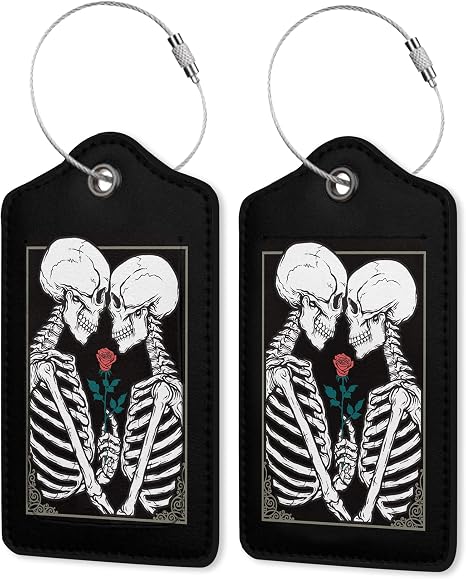 Luggage Tag for Suitcase,Gothic Skull Lovers Rose Unique Travel Tags with Privacy Cover ID Label & Stainless Steel Loop for Men Women - skull suitcase