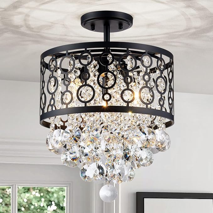 WUZUPS Crystal Drum Chandelier Flushmount Ceiling Light Modern Lighting Fixture for Entry Hallway Kitchen Bathroom Bedroom, H 16.3” x W 13”, E12 Base, Black