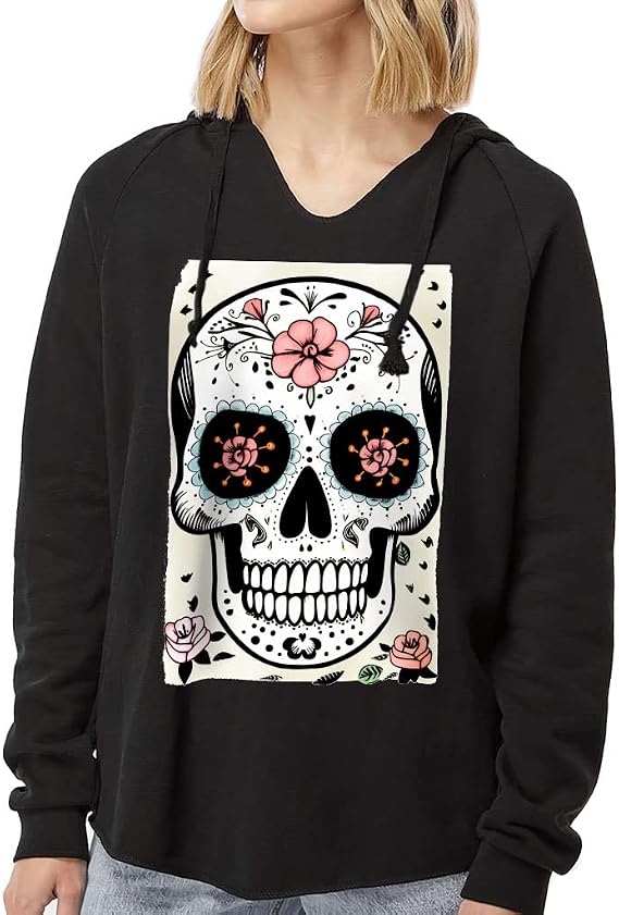 Sugar Skull California Wave Wash Hoodie - Beautiful Hooded Sweatshirt - Art Print Hoodie - skull hoodie