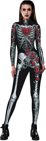 Women Halloween Cosplay Printed Bodysuit - sugar skull dress
