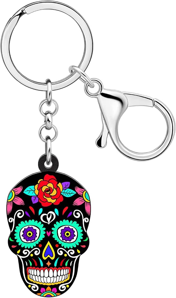 NEWEI Acrylic Halloween Horror Skull Zombie Keychains Voodoo Doll Keyring Jewelry for Women Girls Purse Car Accessories - sugar skull costume