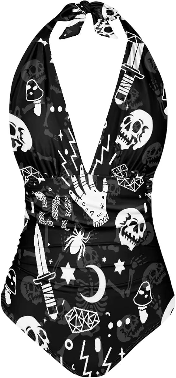 Cumagical Swimsuit Women Tummy Control Plus Size V Neck Sexy Swimwear for Women Summer Bathing Suit - skull swimsuit