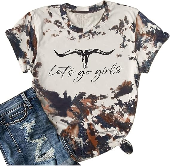 Let's Go Girl Shirt Women Western Bleached T-Shirt Retro Country Music Tee Shirt Cowgirls Shirts Short Sleeve Tops - skull leggings