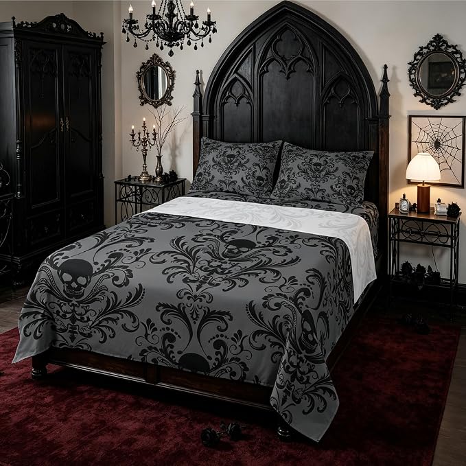 Adults Black Damask Sheet Set Antique Victorian Baroque Bed Sheets Set King Size Gothic Vintage Floral Sheets Exotic Sugar Skull Bedding Set King,Gothic Bone Skeleton Bohemian Decor,Grey - skull bedding