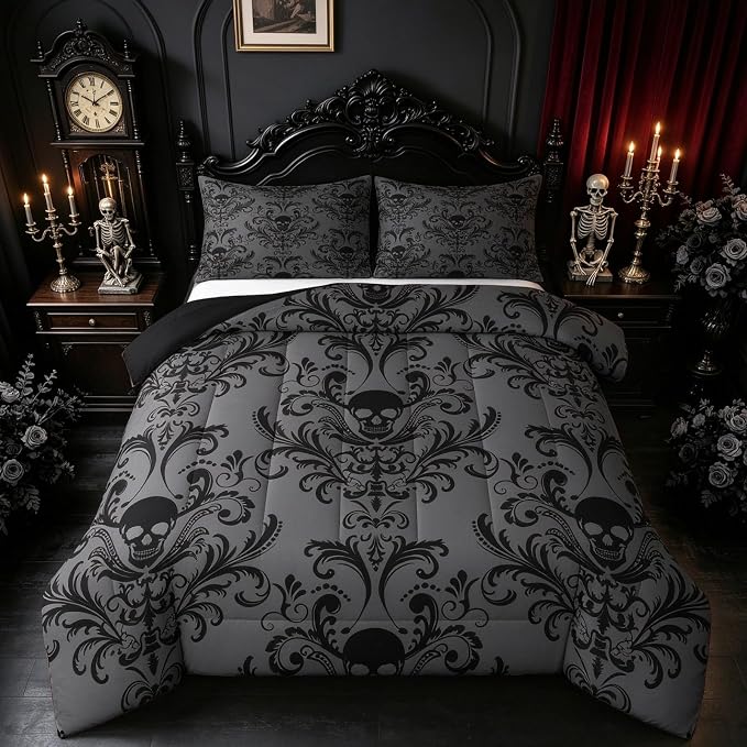 Erosebridal Adults Black Damask Bedding Set Antique Victorian Baroque Comforter Set Full Size Gothic Vintage Floral Quilt Exotic Sugar Skull Duvet Insert Full,Gothic Bone Skeleton Bohemian Decor,Grey - skull bedding