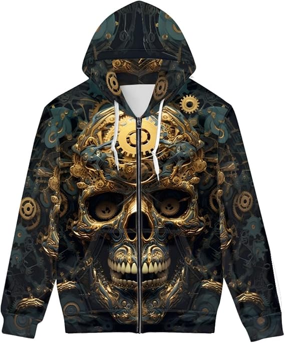 GLUDEAR Unisex Realistic 3D Digital Print Full Zip Hoodie Jackets Hooded Sweatshirt - skull jacket