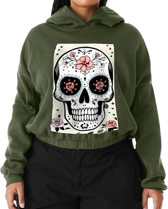 Sugar Skull Cinched Bottom Hoodie - Beautiful Women’s Hoodie - Art Print Hooded Sweatshirt - skull hoodie