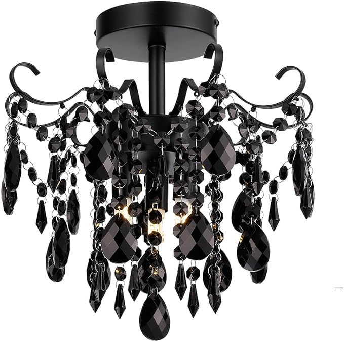 Mini Black Chandelier Crystal Ceiling Light(3-Light,12-Inch),Small Chandelier Flush Mount Ceiling Light Fixtures for Bedroom,Hallway,Entryway,Closet