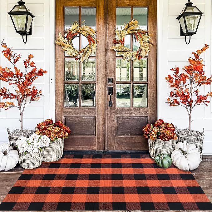 Orange and Black Plaid Rug, 3' x 5' Fall Outdoor Front Door Decor Mat, Cotton Washable Hand-Woven Rug for Layered Doormat, Autumn Halloween Thanksgiving Carpet for Porch, Entryway - skull carpet