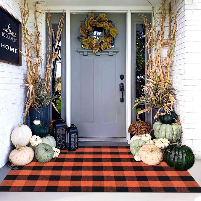 Orange and Black Plaid Rug, 4' x 6' Fall Outdoor Front Door Decor Mat, Cotton Washable Hand-Woven Rug for Layered Doormat, Autumn Halloween Thanksgiving Carpet for Porch, Entryway - skull carpet