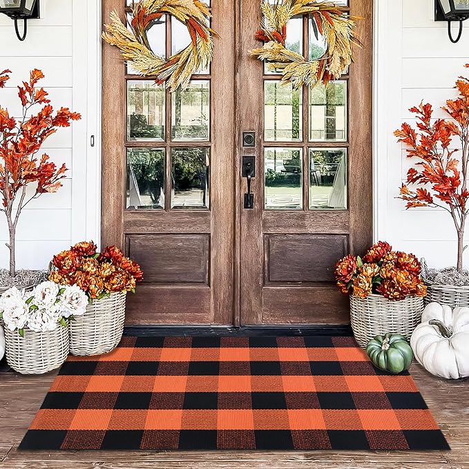Orange and Black Plaid Rug, 28'' x 43'' Fall Outdoor Front Door Decor Mat, Cotton Washable Hand-Woven Rug for Layered Doormat, Autumn Halloween Thanksgiving Carpet for Porch, Entryway - skull floor mat