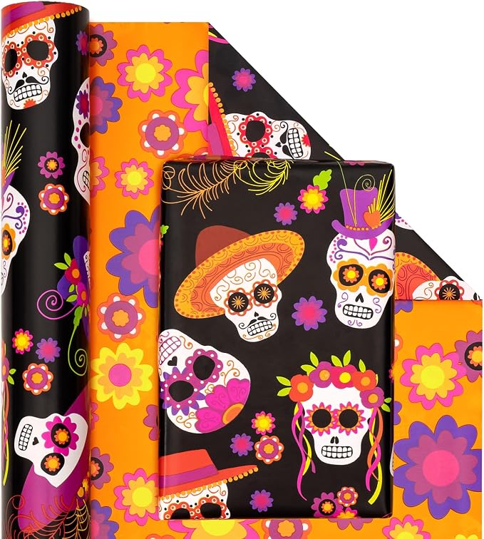 WRAPAHOLIC Reversible Wrapping Paper Roll - Mini Roll - 17 Inch X 33 Feet - Skull Design, Perfect for Day of the Dead, Holiday, Party - skull toilet paper