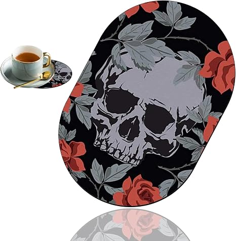 Personality Mouse Pad with Coaster Set, Human Skulls Vintage Roses Fashion Design Mouse Pad Non-Slip Rubber Gaming Mouse pad Computer Laptop - skull coaster