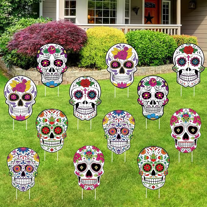 Thyle 12 Pcs Day of the Dead Yard Signs, Sugar Skull Decorations - skull inflatable